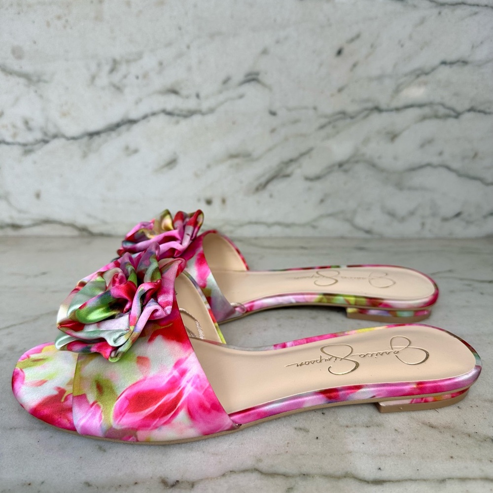 Jessica Simpson Floral Rosette Slide Sandals Pink Satin Mule Flats Size 8 - Picture 2 of 7